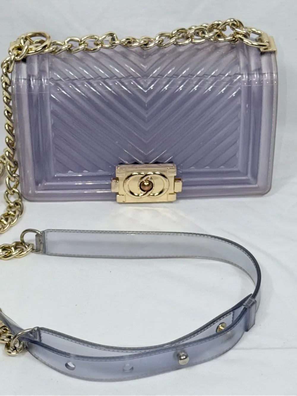 Translucent Purple Jelly Crossbody Bag Gold Chain Chevron Flap Shoulder Purse OS - Picture 1 of 10